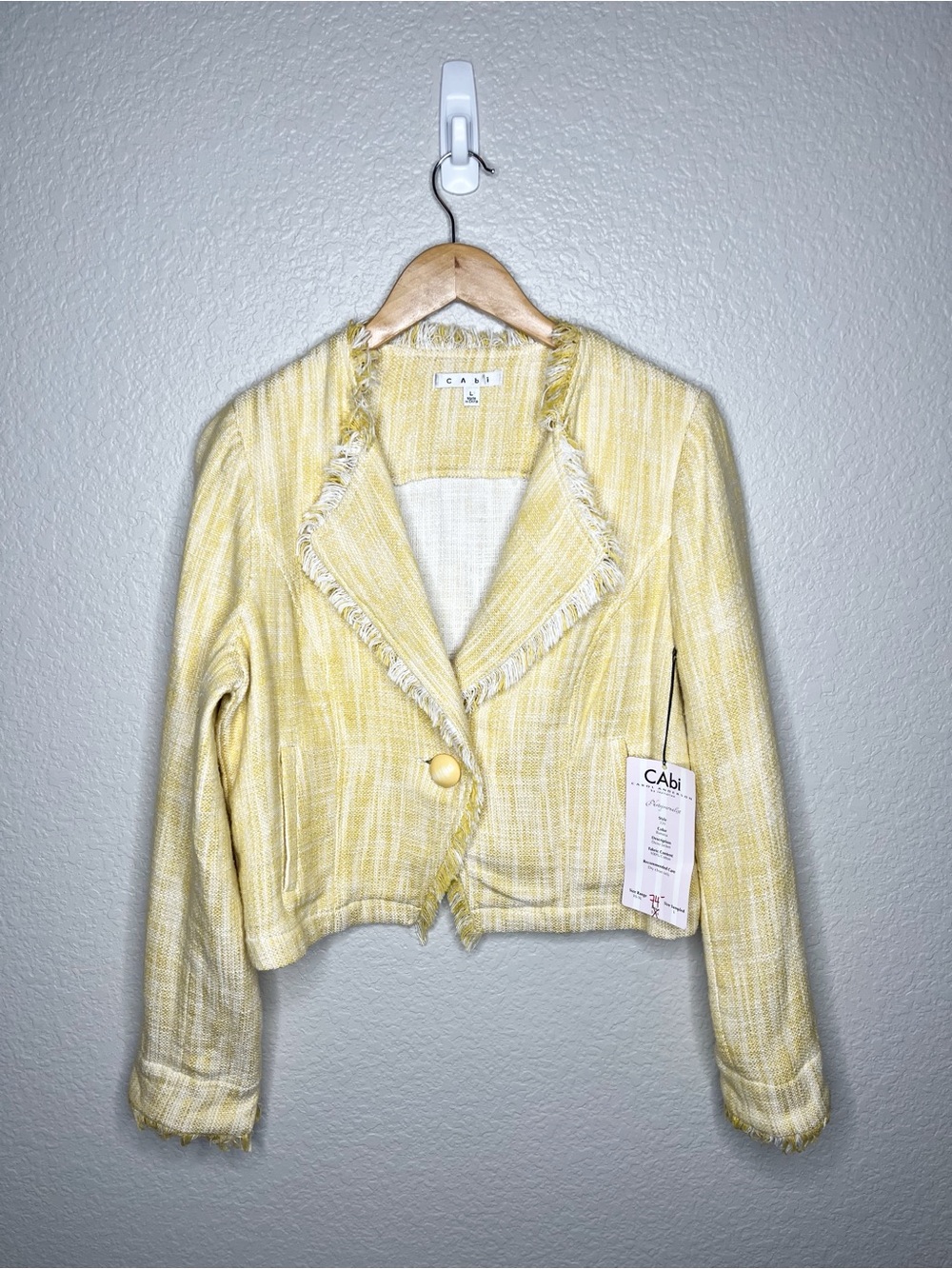 CAbi Daisy Jacket Banana Yellow Tweed Blazer Fringe Trim Preppy Chic NWT Large